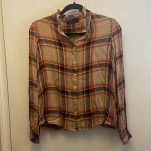 Banana Republic Ruffle Blouse in Brown Plaid. Size S.